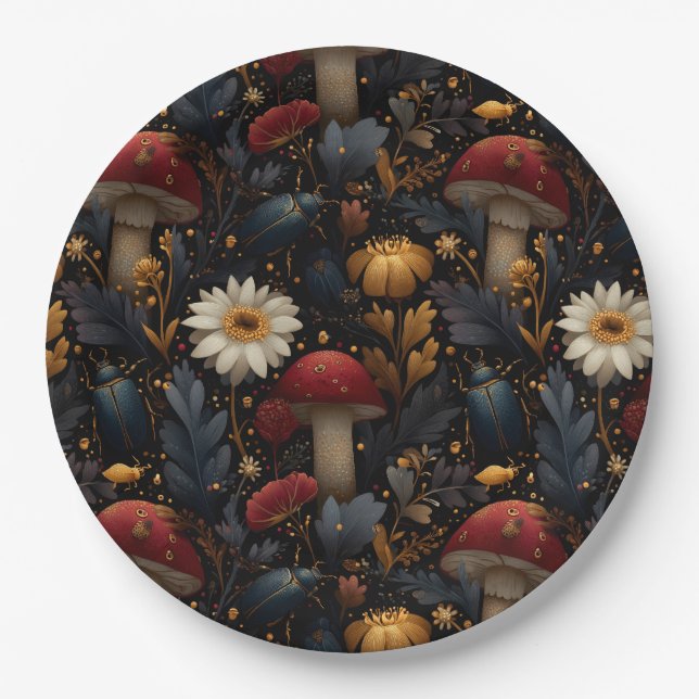 Dark Gothic Mushroom and Beetle Botanical Pattern Paper Plates (Front)