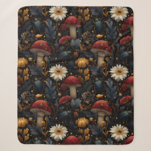 Dark Gothic Mushroom and Beetle Botanical Pattern Sherpa Blanket