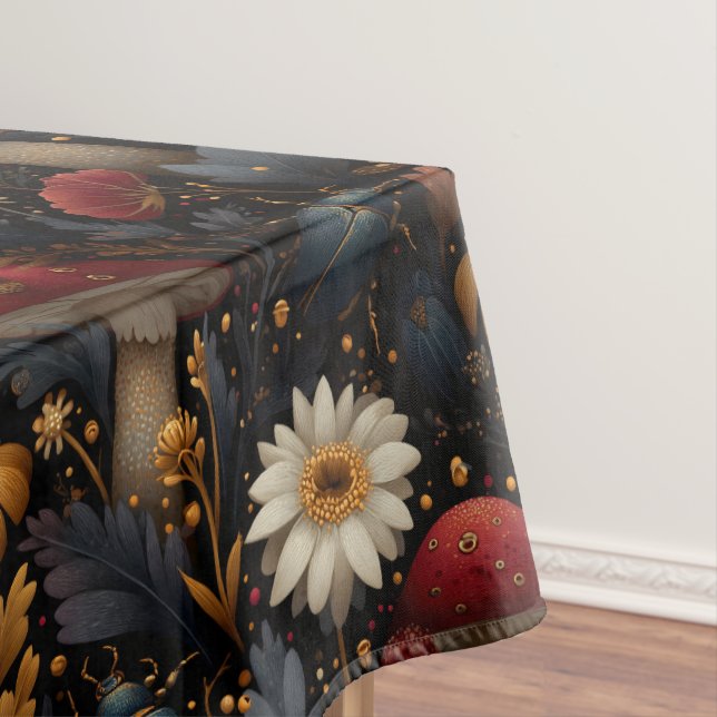 Dark Gothic Mushroom and Beetle Botanical Pattern Tablecloth (In Situ)