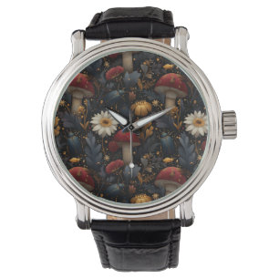 Dark Gothic Mushroom and Beetle Botanical Pattern Watch