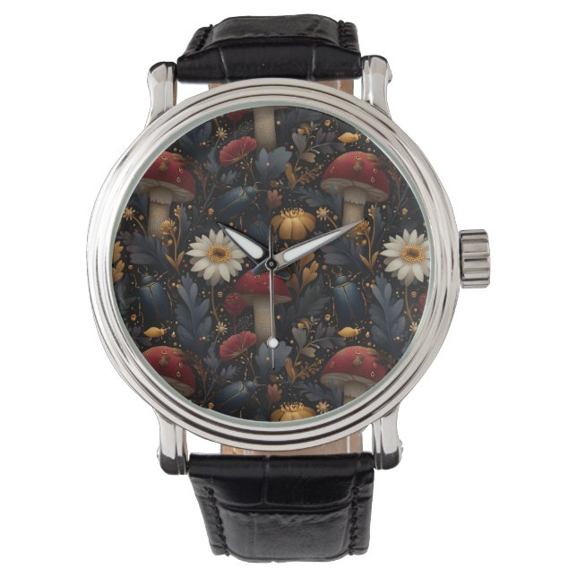 Dark Gothic Mushroom and Beetle Botanical Pattern Watch (Front)