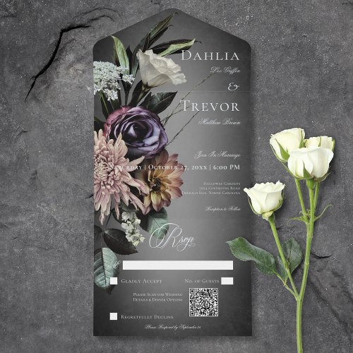 Dark Gothic Mysterious Muted Floral Blur QR Code All In One Invitation