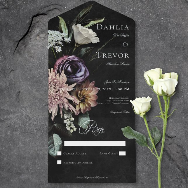 Dark Gothic Mysterious Muted Floral No Dinner All In One Invitation (Dark Gothic Mysterious Muted Floral No Dinner All In One Invitation)