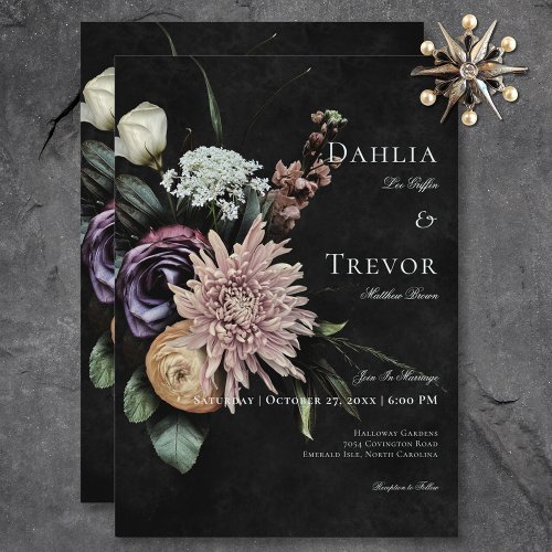 Dark Gothic Mysterious Muted Floral Wedding Invitation