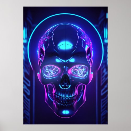 Dark Gothic Neon Cyber Skull Poster