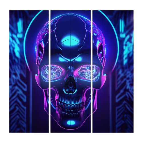 Dark Gothic Neon Cyber Skull Triptych