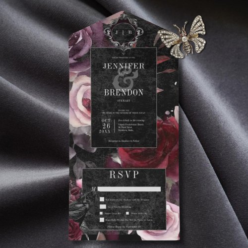 Dark Gothic Pink Burgundy  Black Floral Dinner All In One Invitation