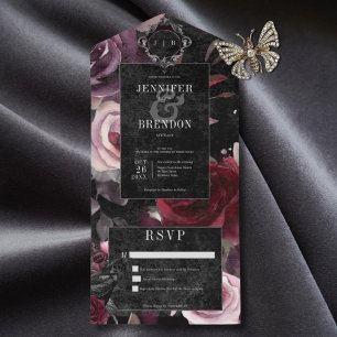 Dark Gothic Pink Burgundy & Black Floral No Dinner All In One Invitation