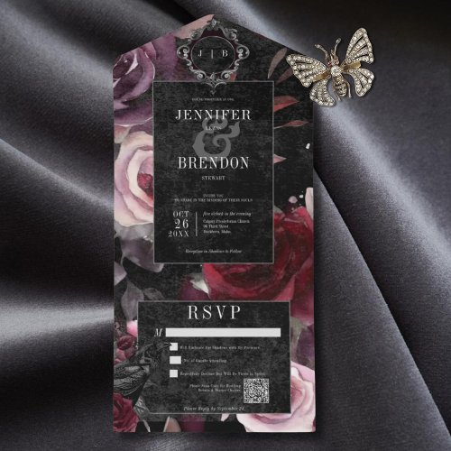 Dark Gothic Pink Burgundy  Black Floral QR Code All In One Invitation