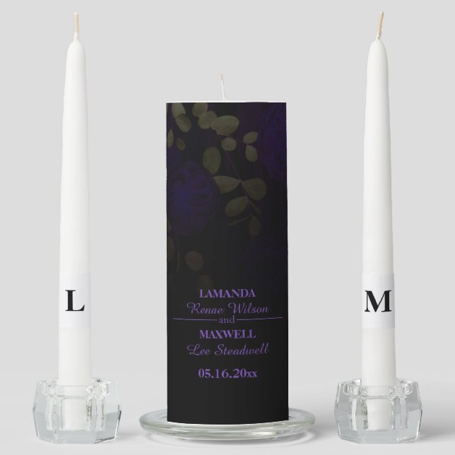 Dark Gothic Purple Black Floral Handfasting Unity Candle Set (Front)