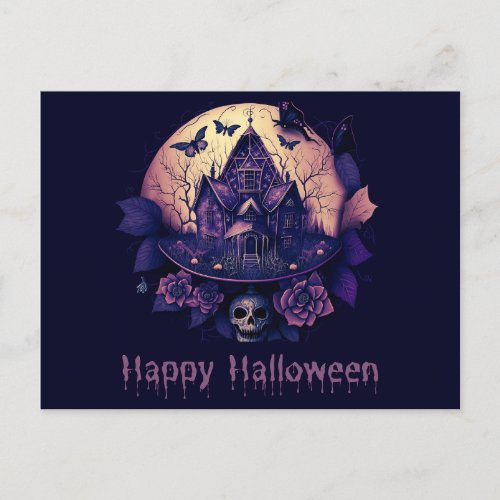 Dark Gothic Purple Haunted House Happy Halloween Holiday Postcard