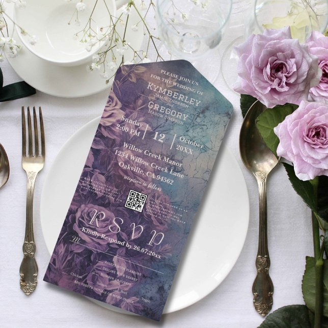 Dark Gothic Purple Lavender Rose QR Code All In One Invitation (Creator Uploaded)