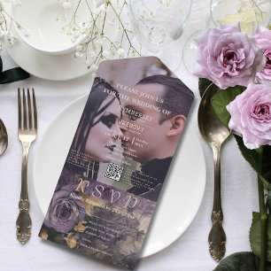 Dark Gothic Purple Rose Floral QR Code Photo All In One Invitation