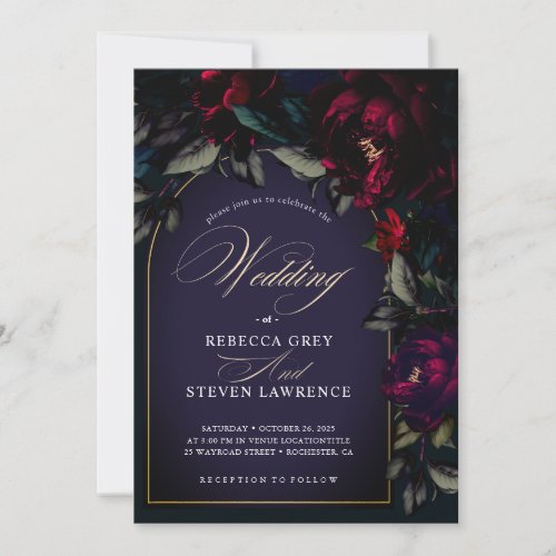 Dark gothic purple turquoise floral moody wedding invitation
