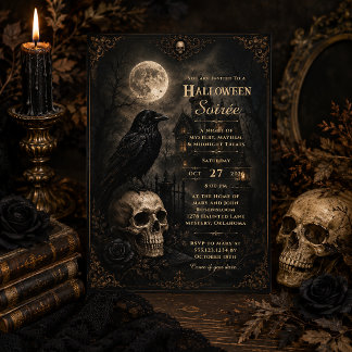 Dark Gothic Raven Skull Mansion Halloween Party | Invitation