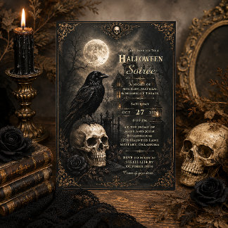 Dark Gothic Raven Skull Mansion Halloween Party | Invitation