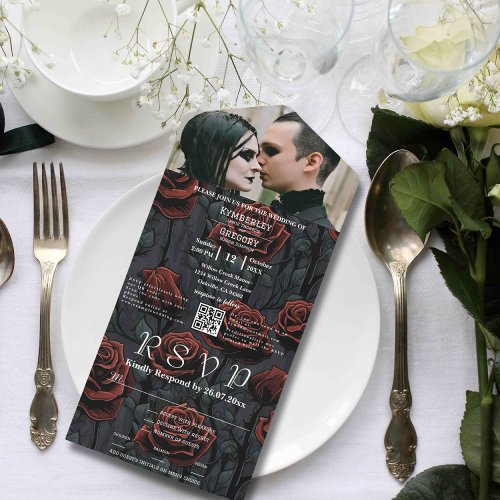 Dark Gothic Red Black Rose Floral QR Code Photo All In One Invitation