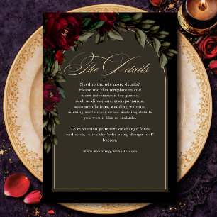Dark gothic red green floral moody wedding details enclosure card