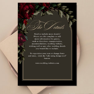 Dark gothic red green floral moody wedding details enclosure card