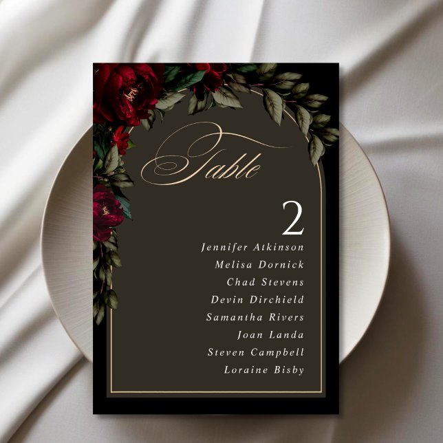 Dark gothic red green floral moody wedding table number (Creator Uploaded)