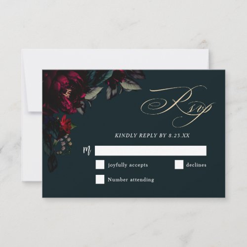 Dark gothic red turquoise floral moody wedding RSVP card