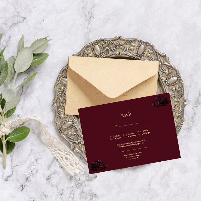 Dark Gothic Romance Burgundy Custom Photo Wedding RSVP Card (Creator Uploaded)