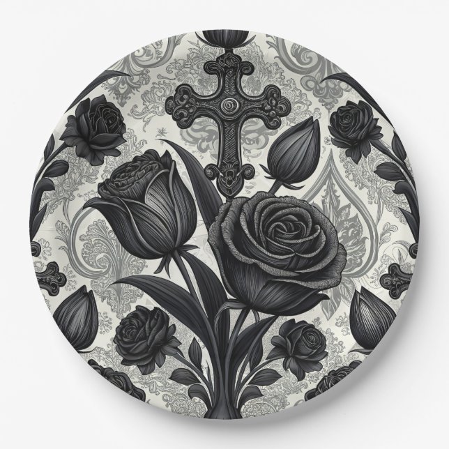 Dark Gothic Rose Pattern (2) Paper Plates (Front)