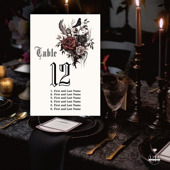 Dark Gothic Rosewood Floral Raven Table Number (Creator Uploaded)