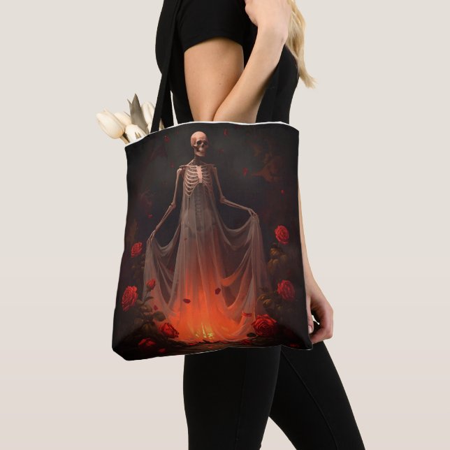 Dark Gothic Skeleton Bride Tote Bag – Spooky Weddi (Close Up)