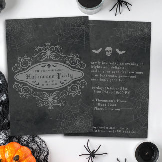 Dark Gothic Skull And Bats Ornate Halloween Party Invitation