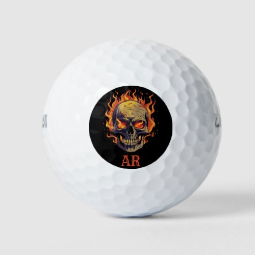 Dark Gothic Skull in Flames Monogram Initial Golf Balls