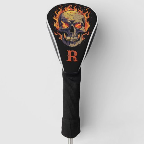 Dark Gothic Skull in Flames Monogram Initial Golf Head Cover