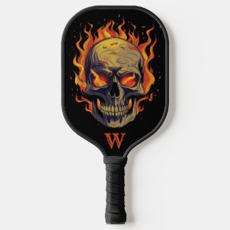 Dark Gothic Skull in Flames Monogram Initial Pickleball Paddle