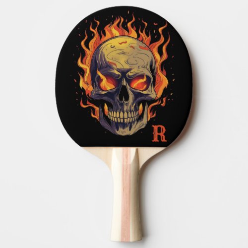 Dark Gothic Skull in Flames Monogram Initial Ping Pong Paddle