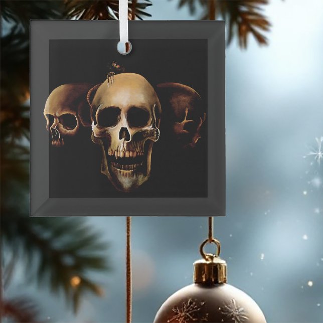 Dark Gothic Skulls Human Black Trio Creature Glass Ornament (Creator Uploaded)