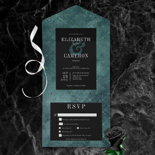 Dark Gothic Teal & Black Vintage Diamond Dinner All In One Invitation