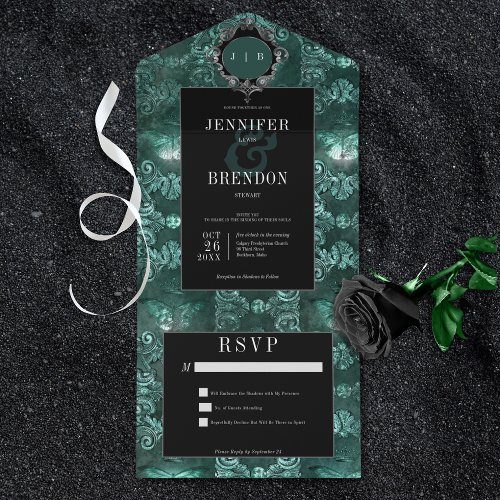 Dark Gothic Teal  Black Vintage Moth No Dinner All In One Invitation