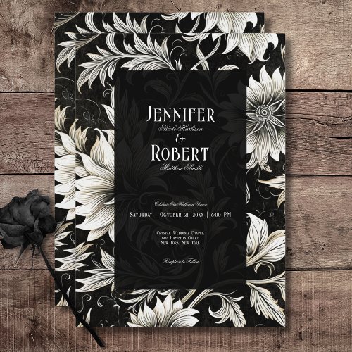 Dark Gothic Vintage Black  White Floral Damask Invitation