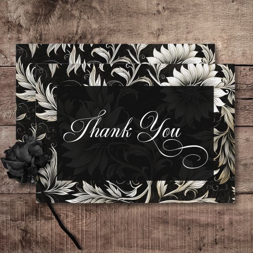 Dark Gothic Vintage Black  White Floral Damask Thank You Card