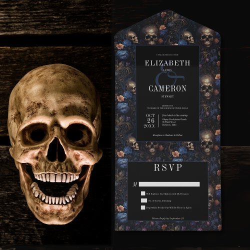 Dark Gothic Vintage Blue Floral  Skulls No Dinner All In One Invitation