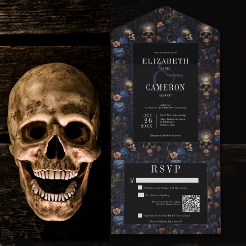 Dark Gothic Vintage Blue Floral  Skulls QR Code All In One Invitation