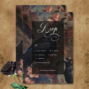 Dark Gothic Vintage Blush Floral & Black Ravens RSVP Card
