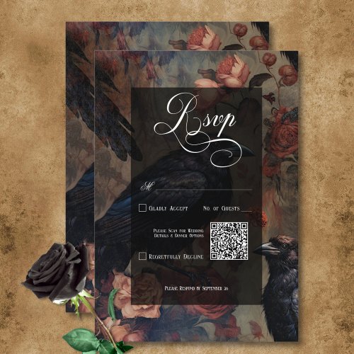 Dark Gothic Vintage Blush Floral  Black Ravens RSVP Card