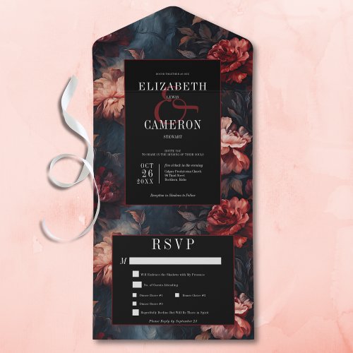 Dark Gothic Vintage Red  Pink Floral Dinner All In One Invitation