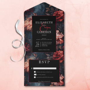 Dark Gothic Vintage Red & Pink Floral No Dinner All In One Invitation