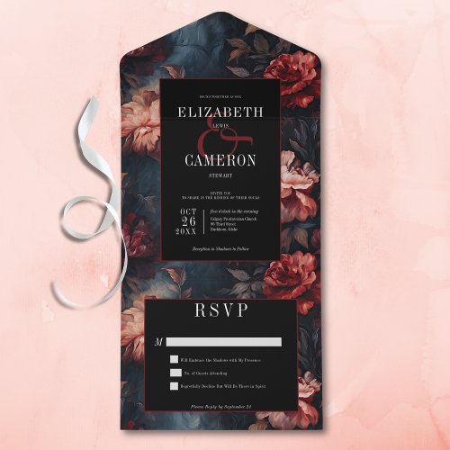 Dark Gothic Vintage Red  Pink Floral No Dinner All In One Invitation