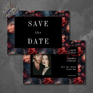Dark Gothic Vintage Red Pink Floral Photo Wedding Save The Date