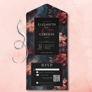 Dark Gothic Vintage Red & Pink Floral QR Code All In One Invitation