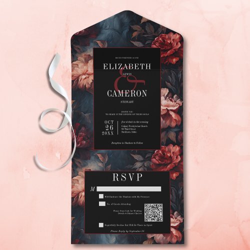 Dark Gothic Vintage Red  Pink Floral QR Code All In One Invitation