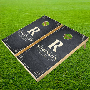 Dark Granite Stone Family Name & Initial Cornhole Set